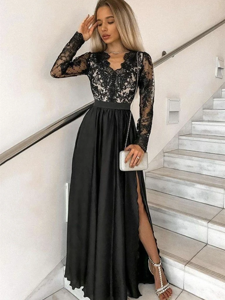 black dress lace long